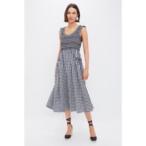 POMANDER PLACE Navy Gingham Smocked Abilene Midi Dress Size XXS NWT